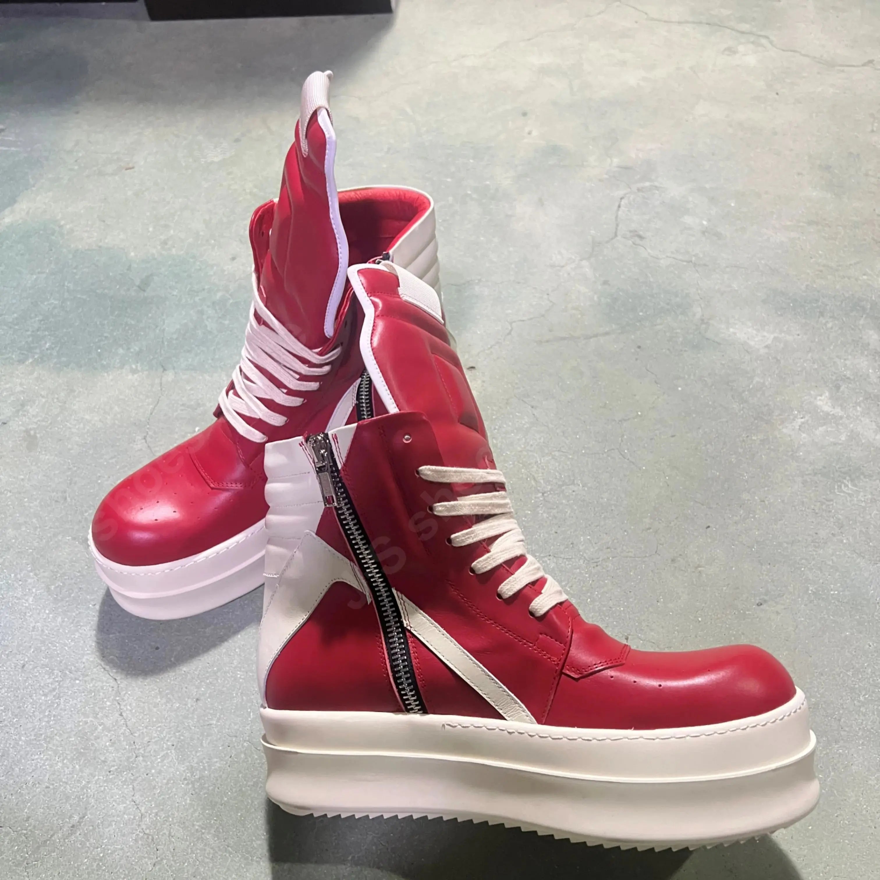 R-o Classic Men Shoe Women Sneaker Red Leather Ankle Boot High Top Casual Shoes Zipper Lace Up 6cm Thick Sole Sneakers Boots