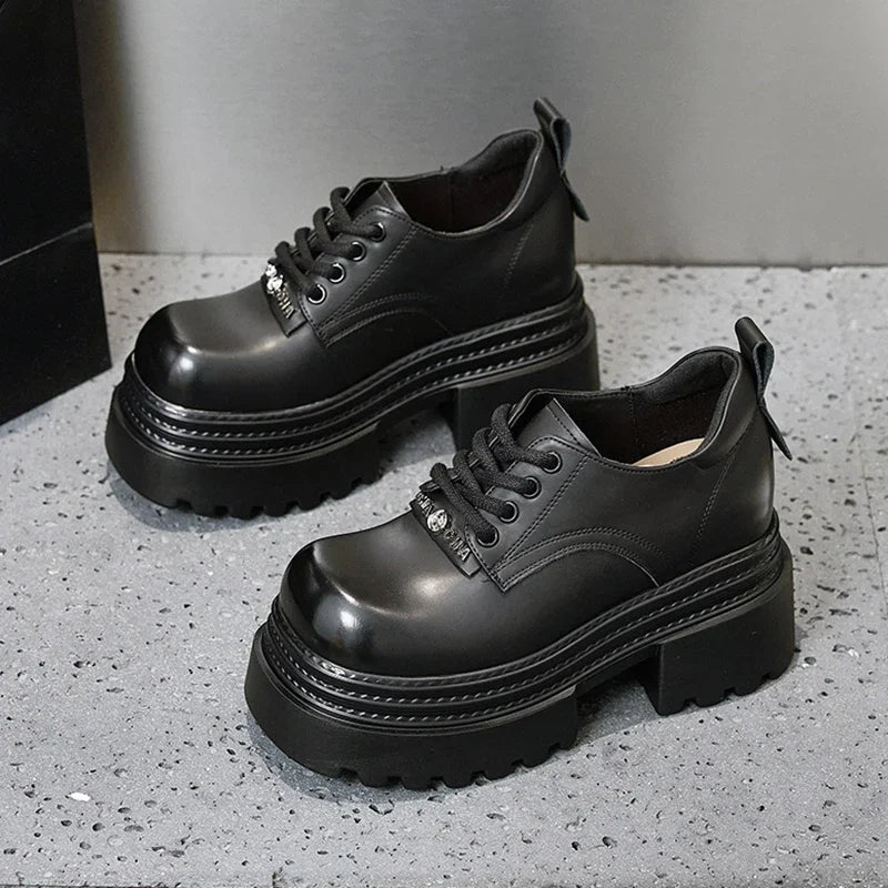 AUTUSPIN 2025 New Lace-up Women Pumps Fashion Office Ladies Leather Oxfords Shoes Daily Thick High Heels Platform Woman Loafers