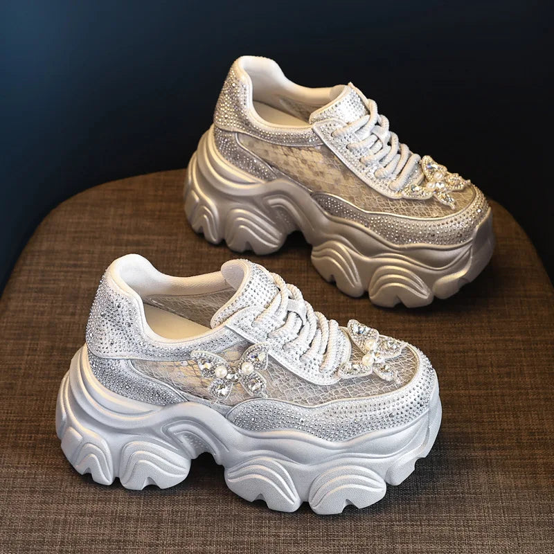 Fujin 9cm Air Mesh Microfiber Leather Chunky Sneaker Hook Ankle Boots Bling High Brand Comfy Booties Fashion Summer Shoes Women