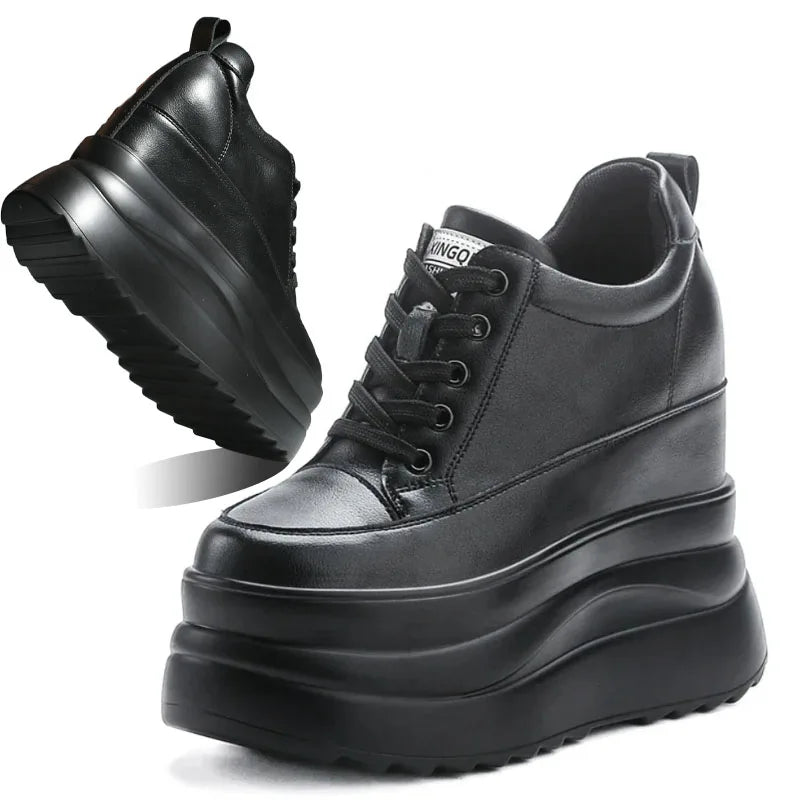 Fujin 13cm 2025 Genuine Leather Platform Wedge Flats Shoes Chunky Sneaker Casual Comfy High Brand Spring Autumn Vulcanize Shoes