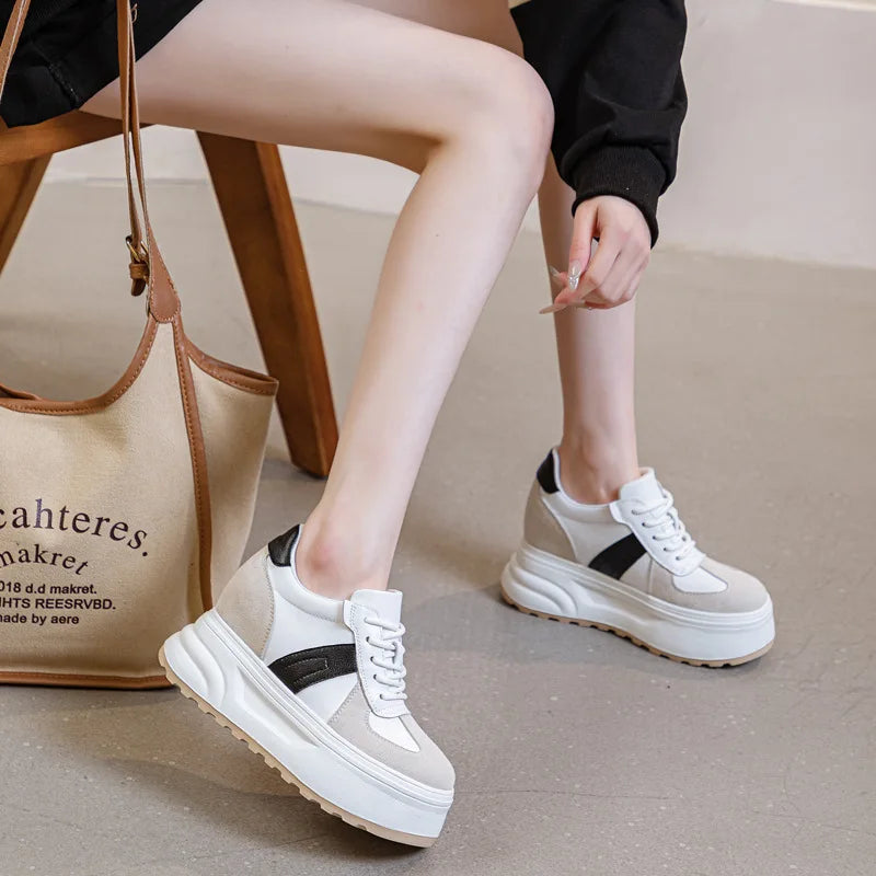 Koznoy 10cm Cow Genuine Leather Comfy Fall Ladies Vulcanize Autumn High Brand Women Chunky Sneakers Casual Breathable Platform