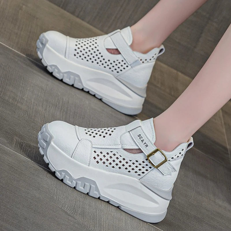 Fujin 7.5cm Microfiber Leather Ankle Boots Sandals Women Platform Wedge Fashion Summer Comfy Shoes Hollow Chunky Sneaker Lace Up
