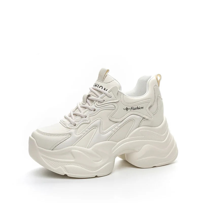 Fujin 9cm Genuine Leather Women Casual Shoes White Platform Wedge Hidden Heel Shoes White Chunky Sneakers Vulcanize Skateboard