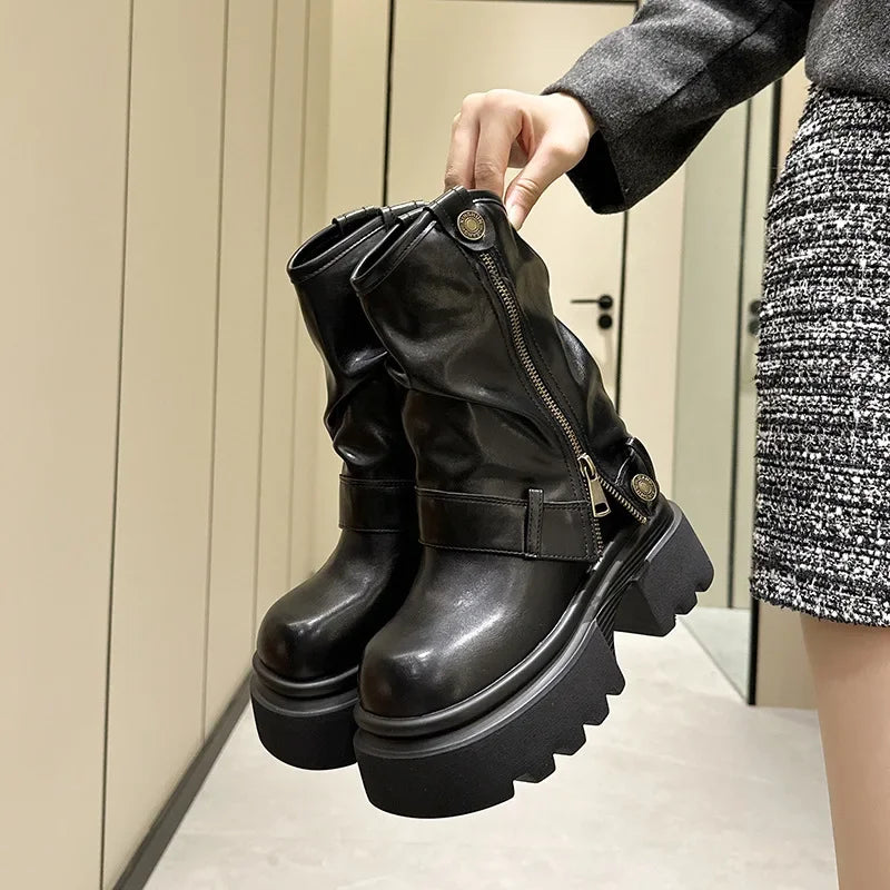 Koznoy 10cm PU Leather Spring Round Toe Shoes Motorcycle Boots Women Ankle Booties Ladies Fashion Chimney Autumn Moccasins