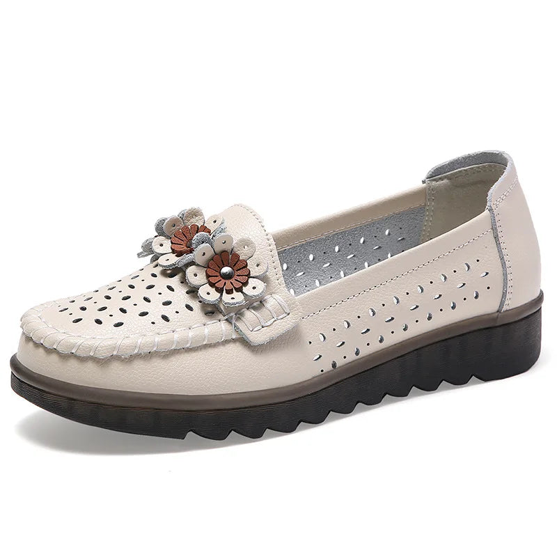 WOIZGIC Women Female Ladies Mother Genuine Leather Shoes Flats Loafers Platform Hollow Slip On Summer Cool Flowers Moccasins
