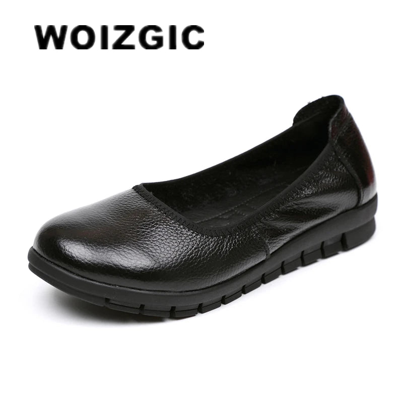WOIZGIC Women Mother Old Female Shoes Flats Loafers Cow Genuine Leather Casual PU Non Slip On Round Toe Soft Work 35-41 OL-3