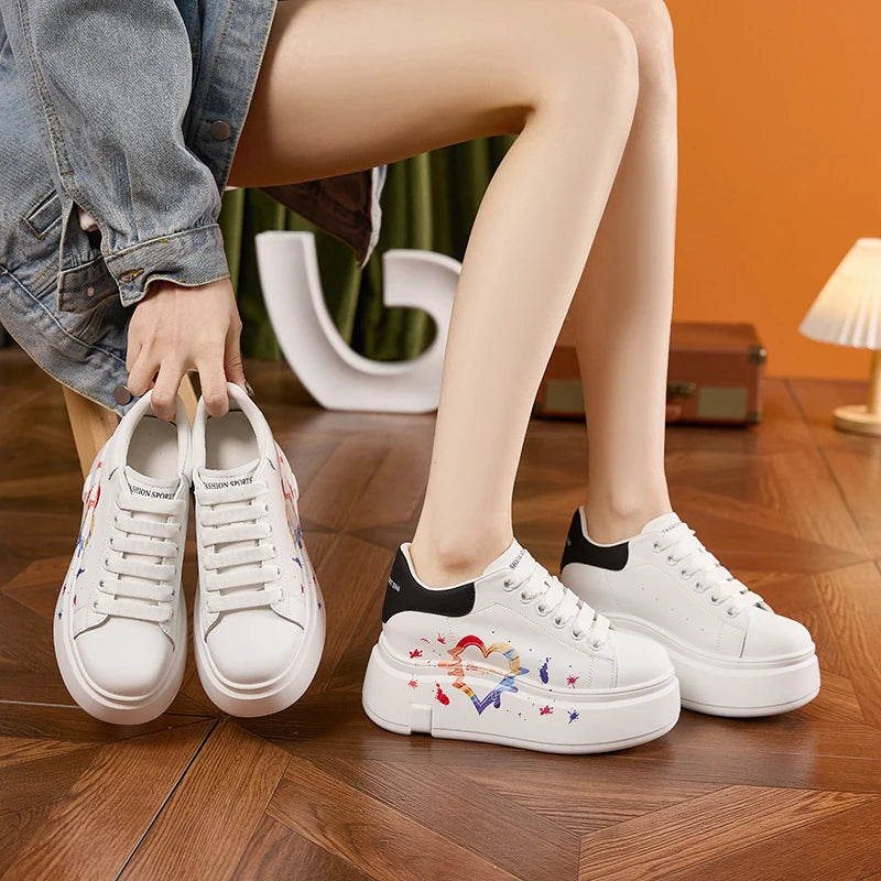 AUTUSPIN White Skateboard Shoes for Women 2025 Fashion Thick Soled Ladies Casual Leather Shoes Outdoor Tide Vulcanized Sneakers