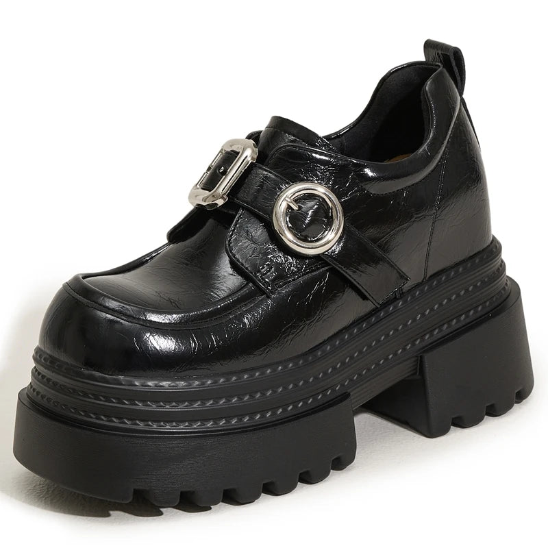 AUTUSPIN 2025 New Increased Internal Women Loafers Fashion Leather High Thick Heels Chunky Platform Ladies Tide Shoes Round Toe