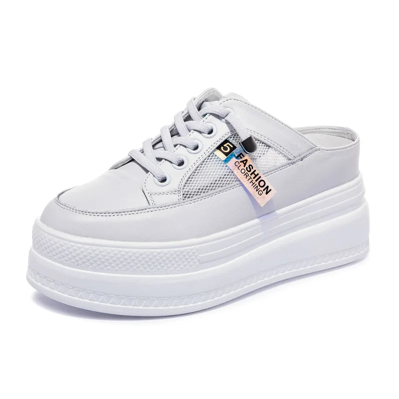 Fujin 2024 Genuine Leather Women Summer Shoes 8cm Platform Wedge Sneakers Beach Shoes Sandals Mules Slippers Sliades Air Mesh