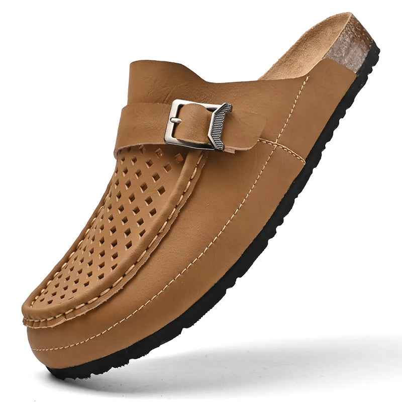 STRONGSHEN Men Half Slippers Summer Casual Fashion Mens Genuine Leather Sandals Breathable Slip on Soft Sole Shoes Moccasins