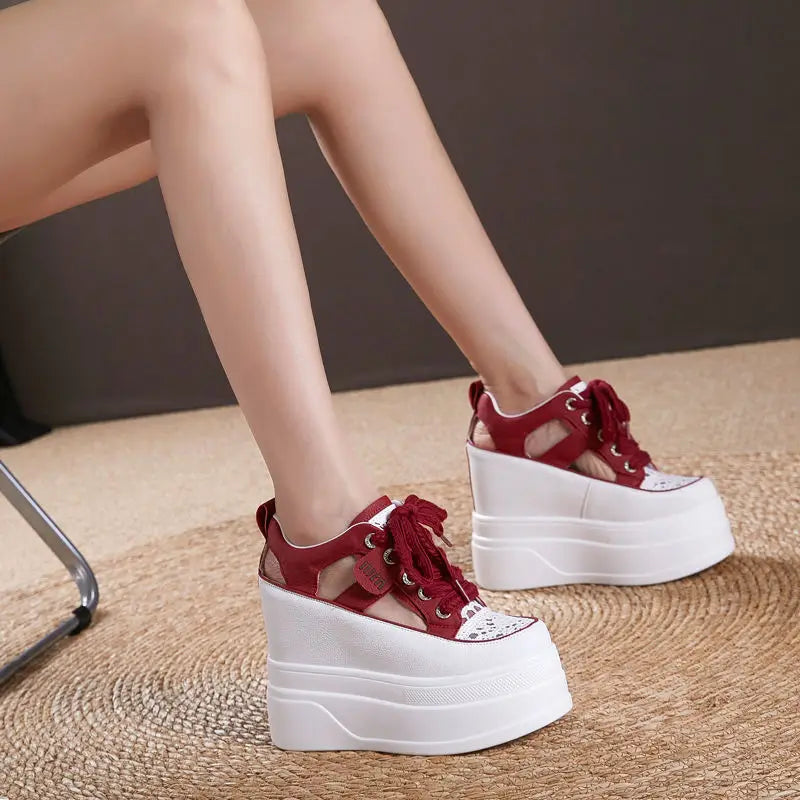 Fujin 12cm Air Mesh Genuine Leather Boots Hollow Women Slippers Summer Platform Wedge Flats Breathable Sandals High Heels Shoes