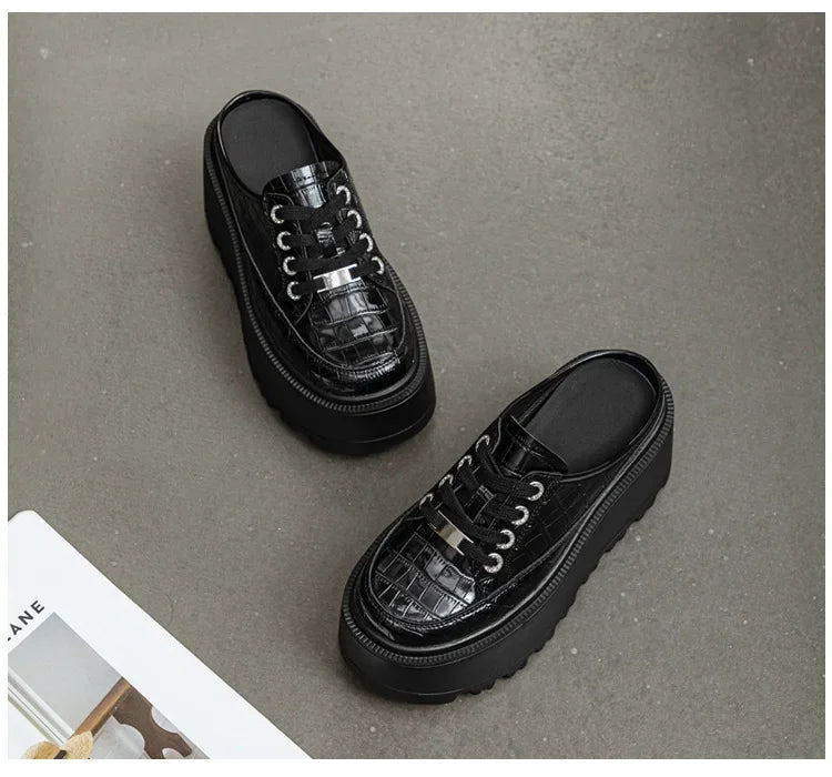 Fujin 8cm 2024 Patent Microfiber Leather Women Slipper Sandals Shoes High Brand Fashion Platform Wedge Flats Summer Lace Up