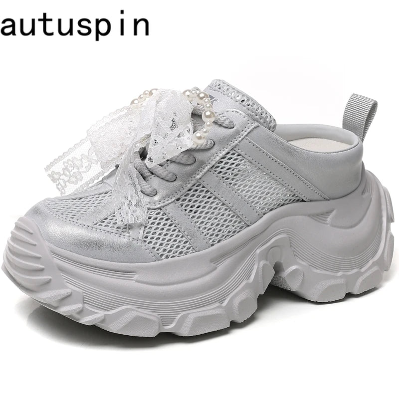 AUTUSPIN 8cm Air Mesh Synthetic Leather Vulcanize Shoes Platform Wedge Fashion Women Ins Tide Slippers Summer Breathable Sneaker