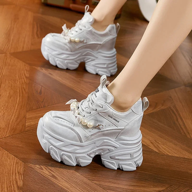 AUTUSPIN High Platform Chunky Shoes 2025 Women Fashion Beads Chains Decoration Sneakers Korean Style Female Vulcanized Shoes