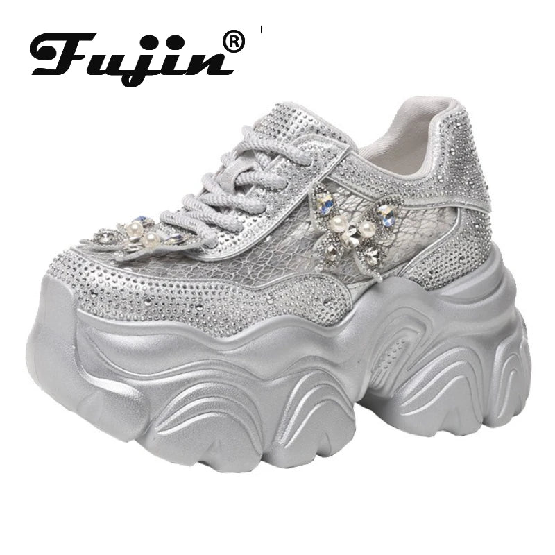 Fujin 9cm Air Mesh Microfiber Leather Chunky Sneaker Hook Ankle Boots Bling High Brand Comfy Booties Fashion Summer Shoes Women