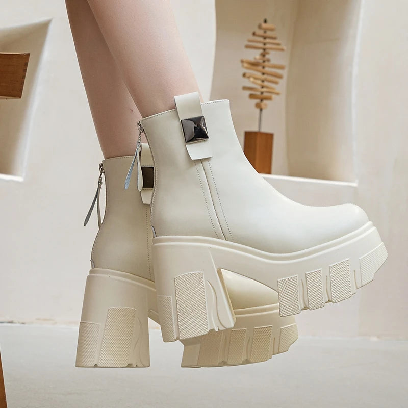 Autuspin 11cm High Platform Thick Heels Women Sexy Mature Nightclub Ankle Boots Ladies Split Leather Woman Fashion Shoes Booties