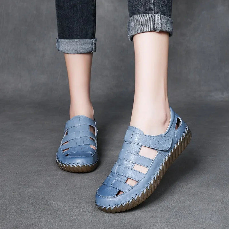 DRKANOL Fashion Women Flat Sandals Summer Shoes 100% Genuine Cow Leather Hook And Loop Hollow Soft Cow Muscle Roman Sandals Lady