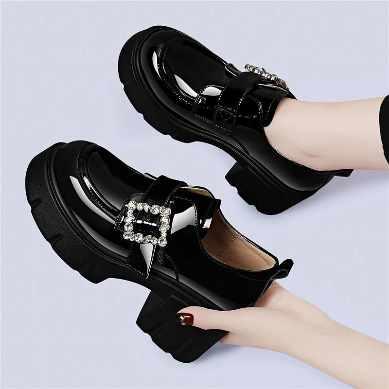 AUTUSPIN 2025 Fashion Crystal Elegant Pumps Female Round Tou High Platform Thick Heels Woman Microfiber Leather Ladies Shoes