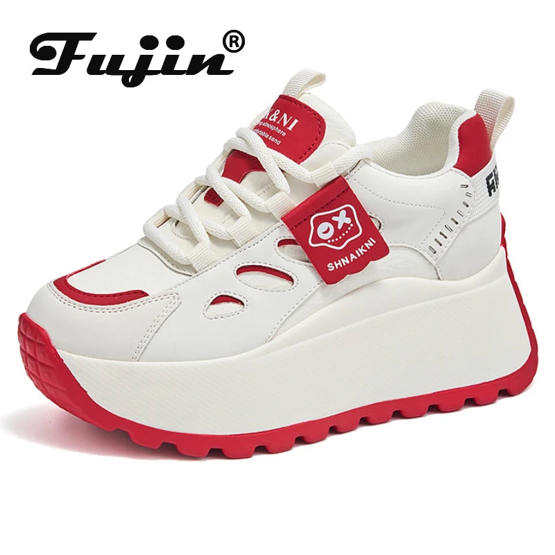 Fujin 8.5cm Synthetic Genuine Leather Spring Combat Autumn Ankle Platform Wedge Flats Chunky Sneakers Shoes Vulcanize Women