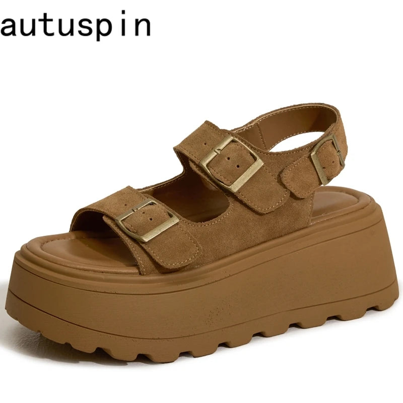 AUTUSPIN 7cm Women Sandals Summer Fashion Ladies Suede Leather Buckles Shoes Outdoor Popular Female Rome Platform Sandalias