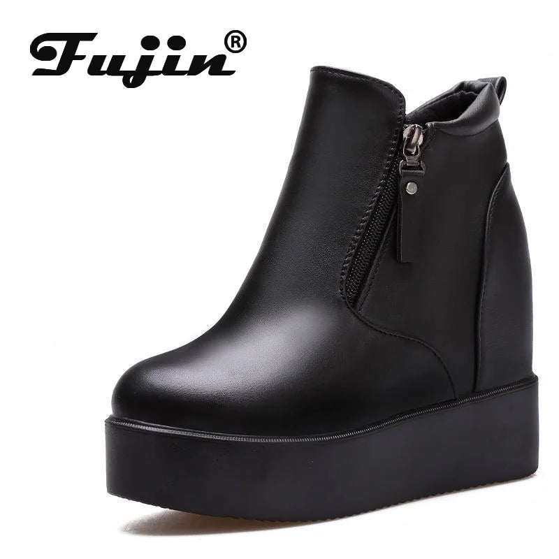 Fujin 11cm Platform Wedge Hidden Heel Women Ankle Boots Flock Leather Warm Female Wedge Shoes Zipper Winter Shoes Sneakers 2024