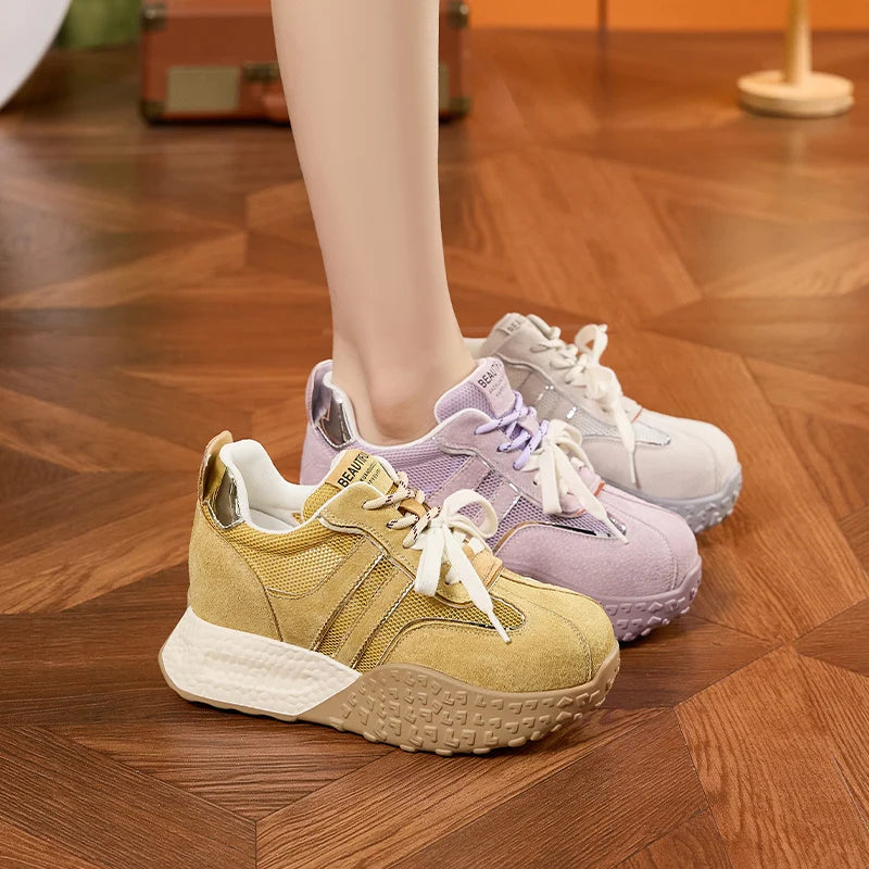 AUTUSPIN Summer Sneakers for Women 2025 Street Style Breathable Mesh Sports Training Shoes Female Spilcing Leather Lace-up Shoes