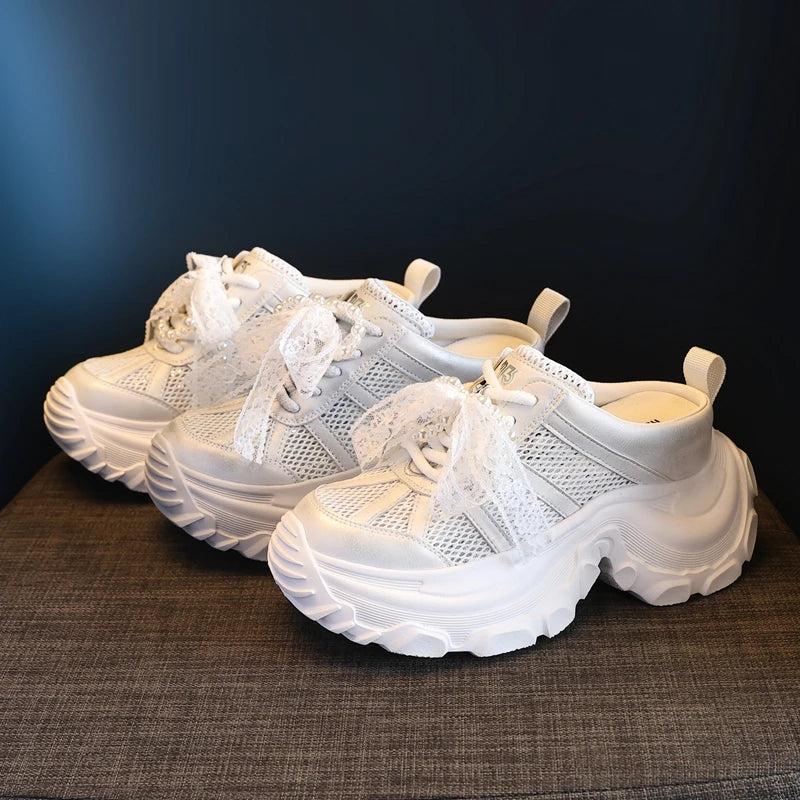 AUTUSPIN 8cm Air Mesh Synthetic Leather Vulcanize Shoes Platform Wedge Fashion Women Ins Tide Slippers Summer Breathable Sneaker