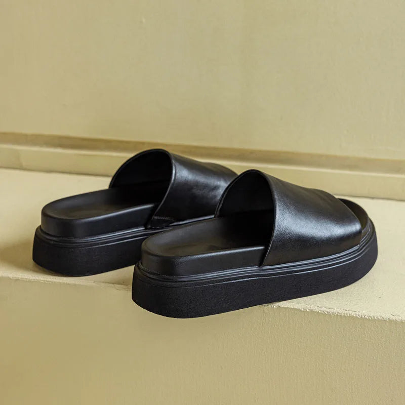 DRKANOL Fashion Women Chunky Platform Slippers Summer Slip On Open Toe Cow Genuine Leather Wedges Heel Slippers Casual Slides