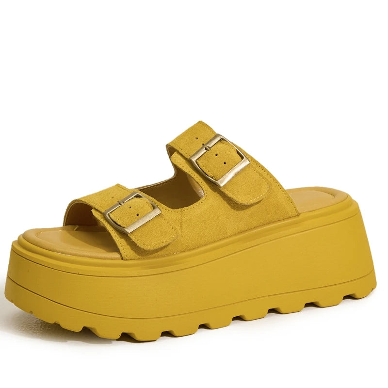 AUTUSPIN 7cm Women Wedges High Heels Fashion Thick Platform Woman Sandals Suede Leather Ladie Summer Shoes Beach Chunky Slippers