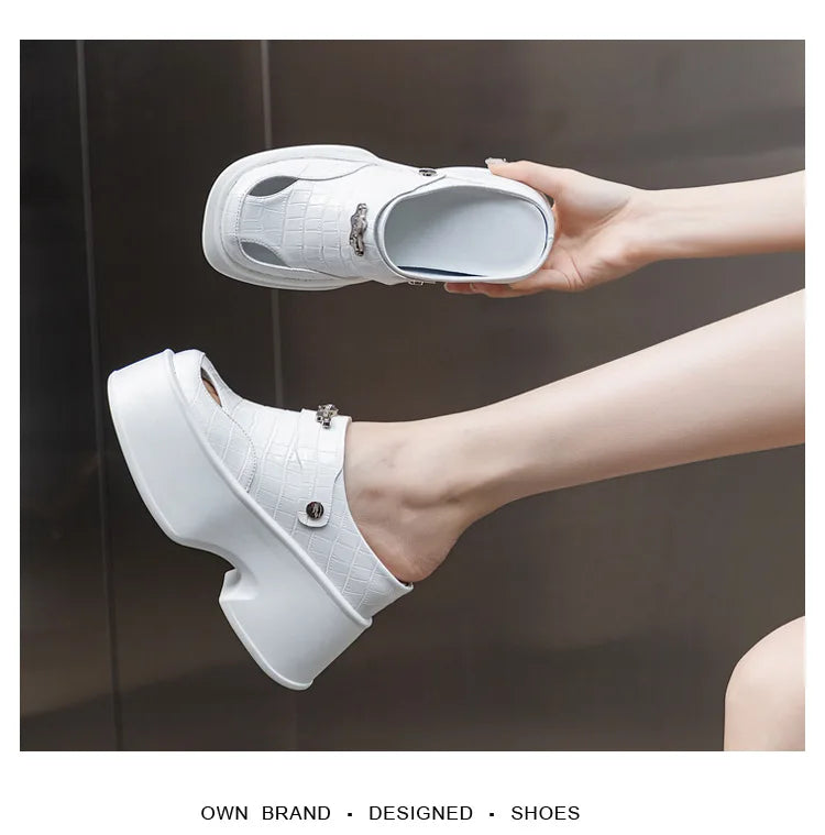 Fujin 11cm Genuine Leather Synthetic Women  Summer Platform Wedge Brand Bling Shoes Fashion Casual High Slippers Sandals Hollow