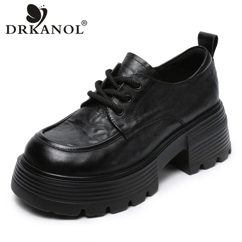 DRKANOL 2025 Women Chunky Platform Shoes Luxurious Genuine Cow Leather Thick High Heel Pumps Lace-Up Round Toe Casual Shoes Lady