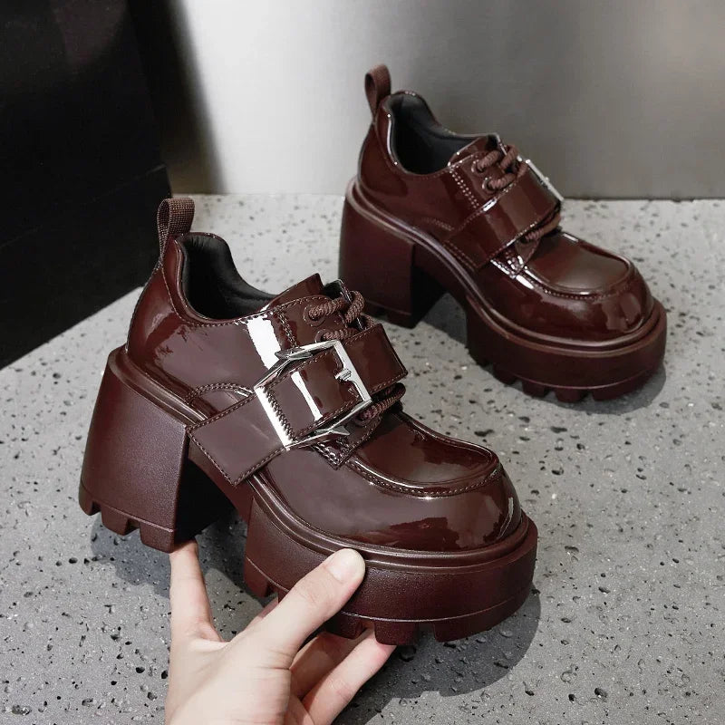 AUTUSPIN 8.5cm Square Thick High Heels Women Winter Autumn Patent Leather Pumps Female Leisure Concise Mary Janes Oxfords Shoes