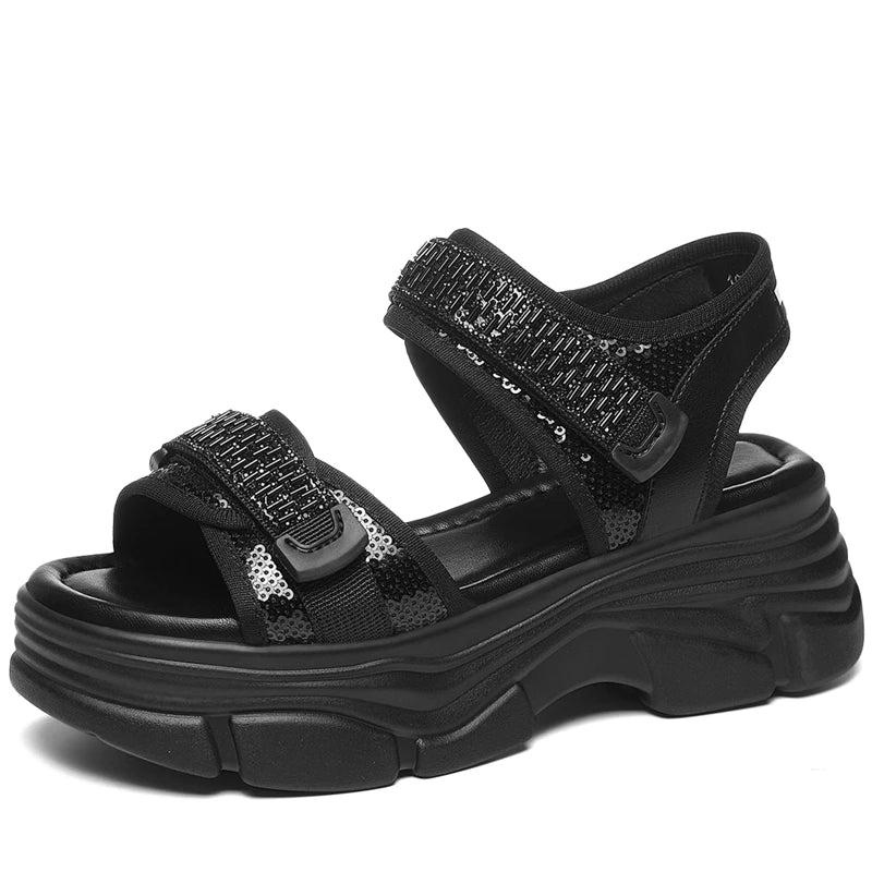 Autuspin 4.5cm Thick Bottom Women Rome Sandals Summer Fashion Ladies Leisure Ankle Wrap Shoes Woman Genuine Leather Bling Flats