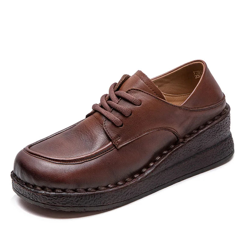 DRKANOL 2025 Spring Handmade Retro Women Wedges Shoes Quality Genuine Cow Leather Round Toe Lace-Up Comfort Casual Single Shoes