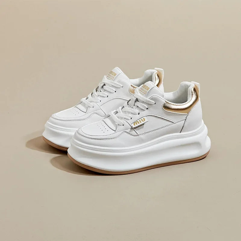 Fujin 6.5cm Cow Genuine Leather Comfy Breathable Sneakers Vulcanized Chunky Hidden Heel Block Skate Board Platform Wedge Shoes