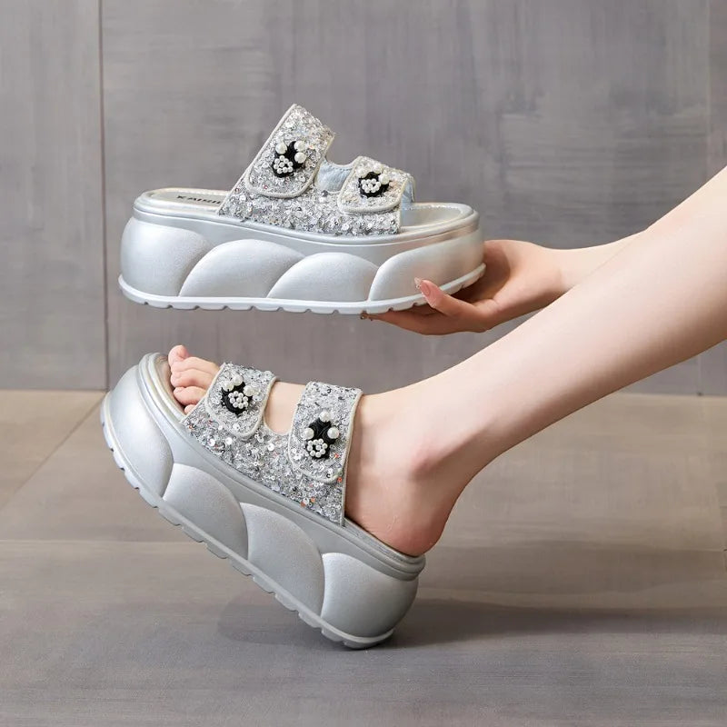 AUTUSPIN 7cm Women Sandals Summer Fashion Wedges Platofrms Shoes Leisure Slides Female Beads Decoration Slippers Size 34-39
