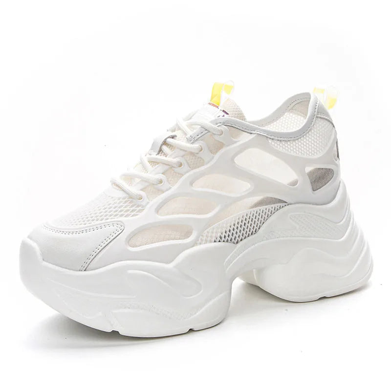 DRKANOL 2025 Fashion Women Thick Sole Casual Sneakers Summer Breathable Air Mesh Height Increasing Wedges White Vulcanized Shoes