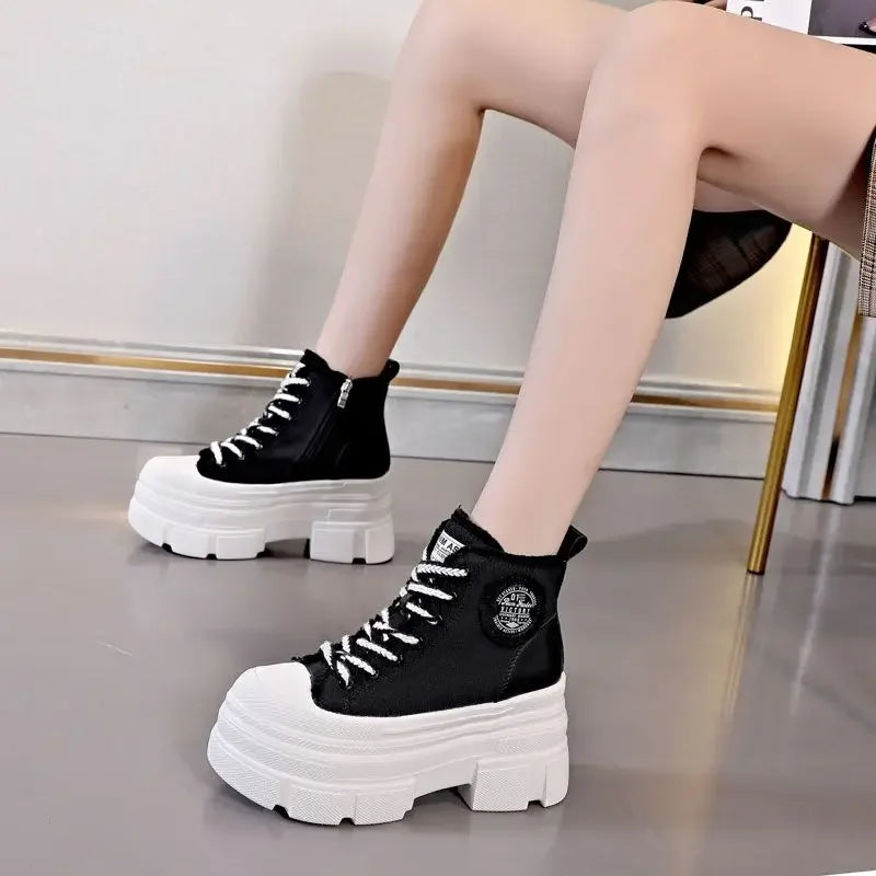 Fujin 10cm High Brand Skateboard Breathable Shoes Denim Women Fashion Spring Ankle Boot High Brand Platform Wedge Autumn Fashion