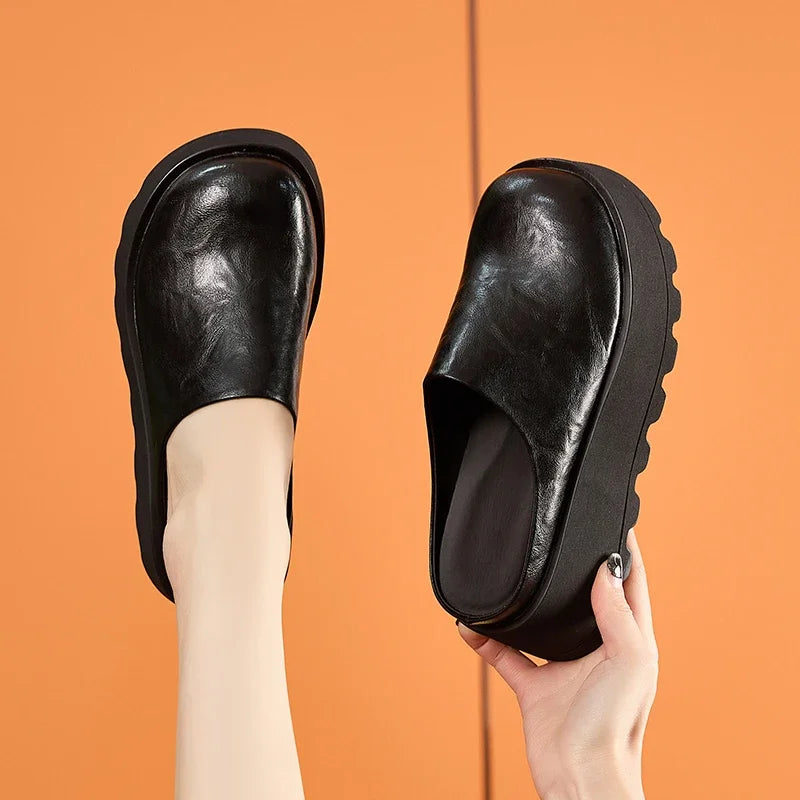 AUTUSPIN 7cm High Heels Mules Shoes for Women 2025 Spring Summer Fashion Thick Soled Ladies Slippers Round Toe Loafers Woman
