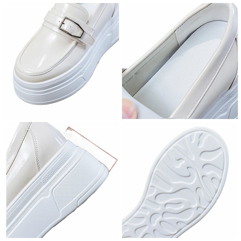 Fujin 8.5cm Patent Leather Platform Wedge Autumn Breathable Slip on Pumps Spring Synthetic Mary Jane Shoes