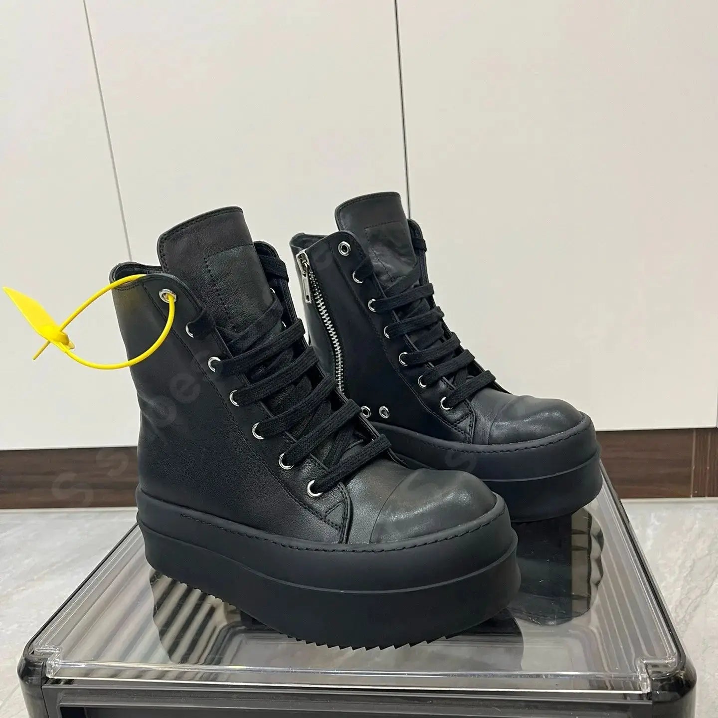 Ro Classic Men Shoe Ankle Boot Women Sneaker High Top Casual Shoes Zip Lace Up 6cm Thick Sole Boots Full Black Leather Sneakers