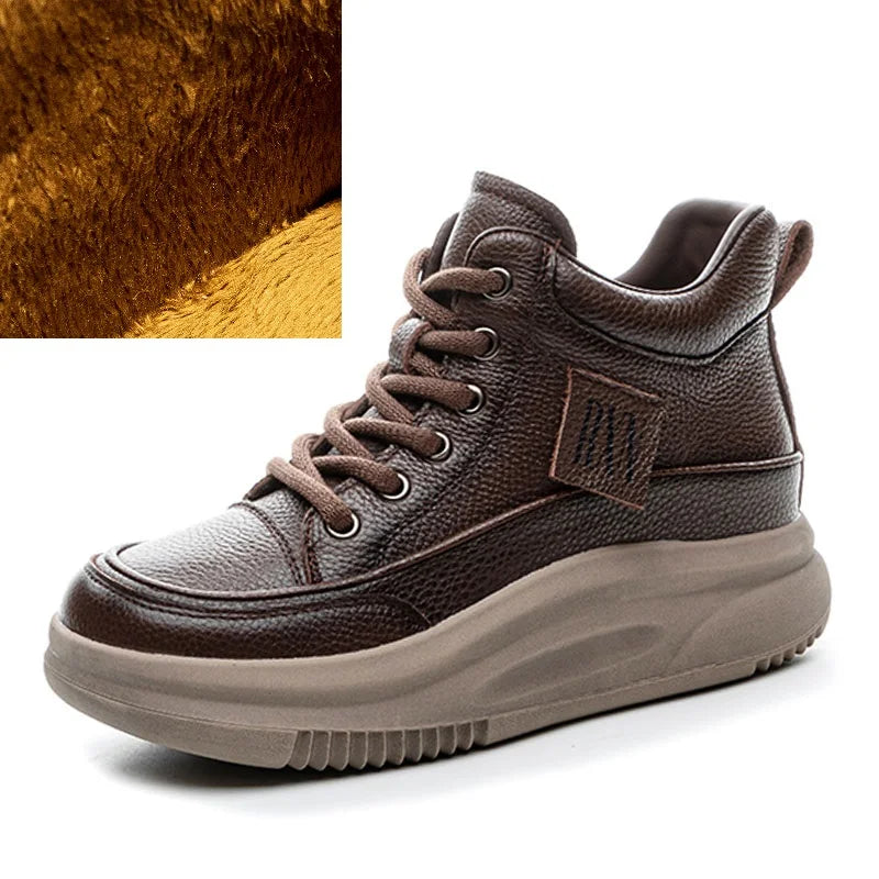 DRKANOL Fashion Autumn Winter Chunky Platform Warm Ankle Boots For Women Genuine Cow Leather Wedges Heel Casual Short Boots Lady