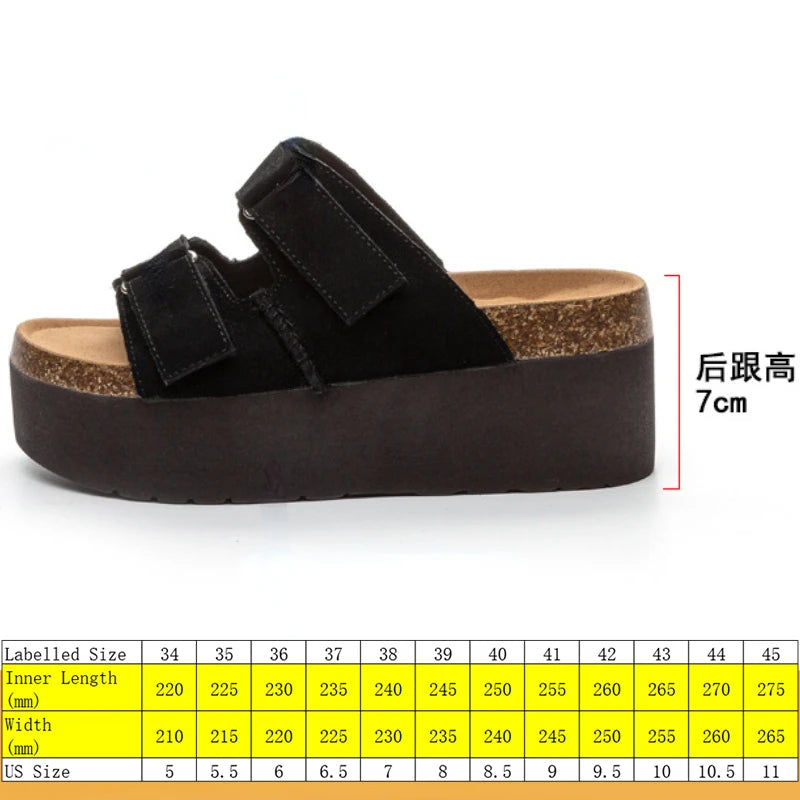 Fujin 7cm Cow Suede Genuine Leather Fashion Sandals Slippers Pumps Platform Wedge Hook Flats Women Summer Peep Toe Ladies Shoes