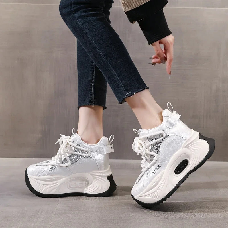 AUTUSPIN 9.5cm Platform Wedge Sneakers for Women Winter Spring Tide Trendy Soft Leather Ladies Chunky Shoes Woman Ankle Boots