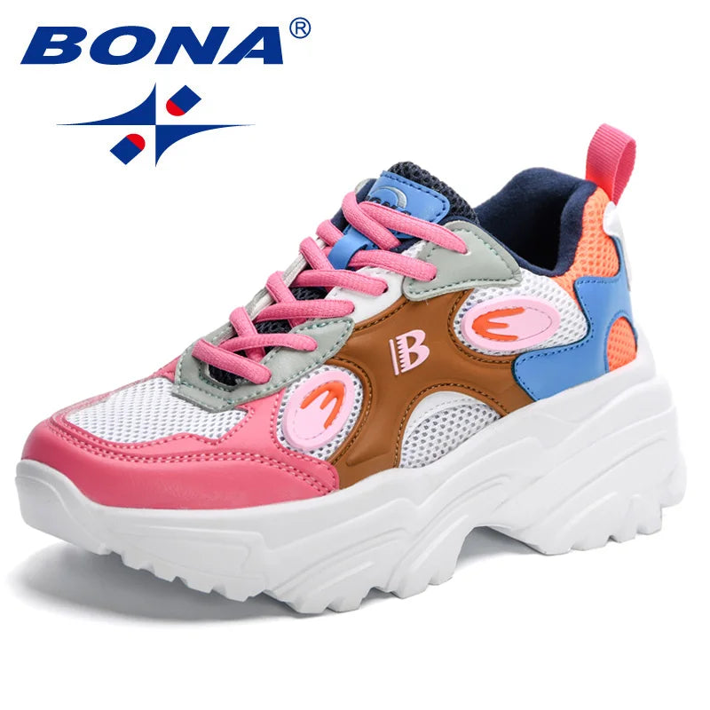 BONA  New Designers Women Lace Up Platform Sneakers Ladies Leisure Feminino Casual Shoes Breathable Walking Shoes