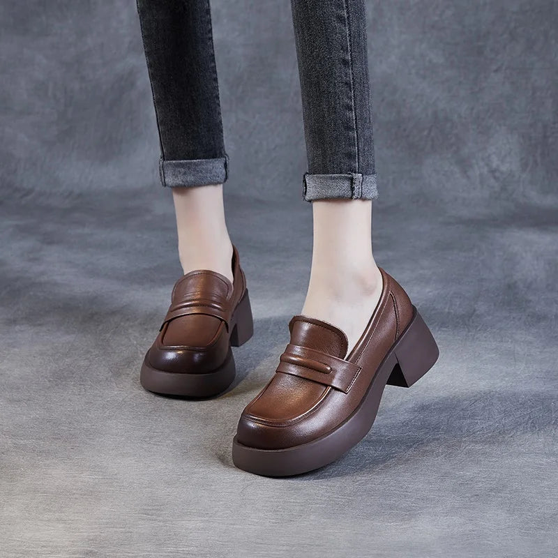 DRKANOL 2025 Women Genuine Leather Loafers High Quality Genuine Leather Slip-On Chunky Platform Pumps Women High Heel Shoes