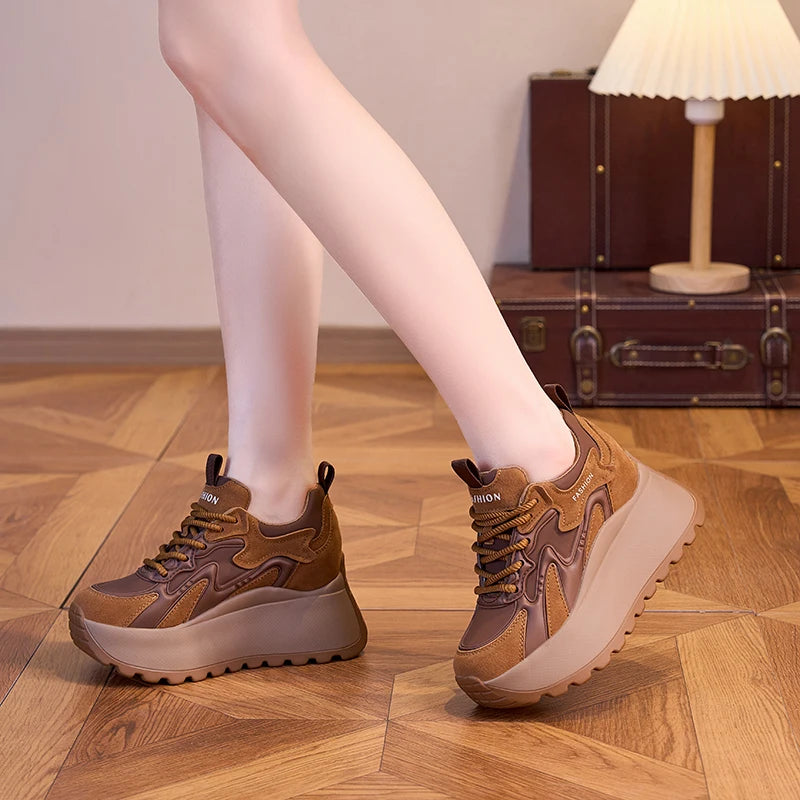 AUTUSPIN 7cm Women Retro Winter Shoes Oudoor Leisure Walking Warm Women's Vulcanize Shoes Ladies Brown Casual platform Sneakers