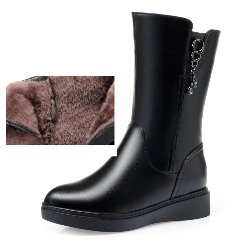 WOIZGIC Female Ladies Boots Women's Mid Calf Winter Fur Wool Plush Warm Zipper Genuine Leather Shoes Boots Plus Size 42 43 Snow