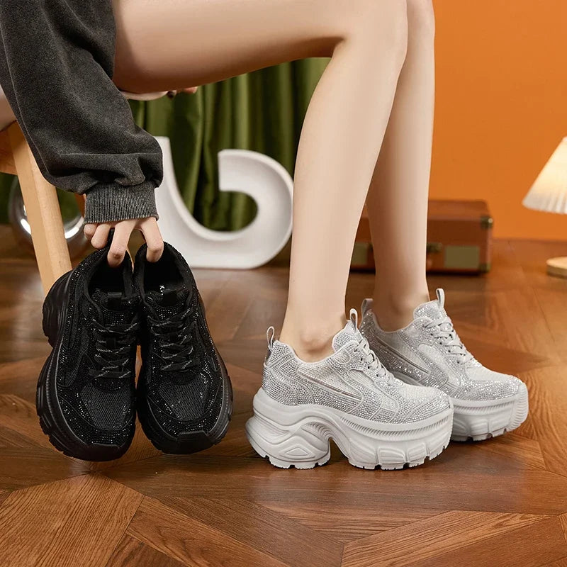 AUTUSPIN Shiny Rhinestone Women's Vulcanize Shoes 2025 Outdoor Fashion Tide Ladies Thick Platform Sneakers Leisure Popular Woman