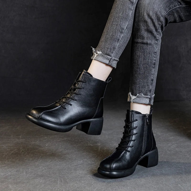 DRKANOL Women Thick Heel Ankle Boots Winter Plush Warm Casual Short Boots Ladies Real Cowhide Retro Style Zipper High Top Shoes